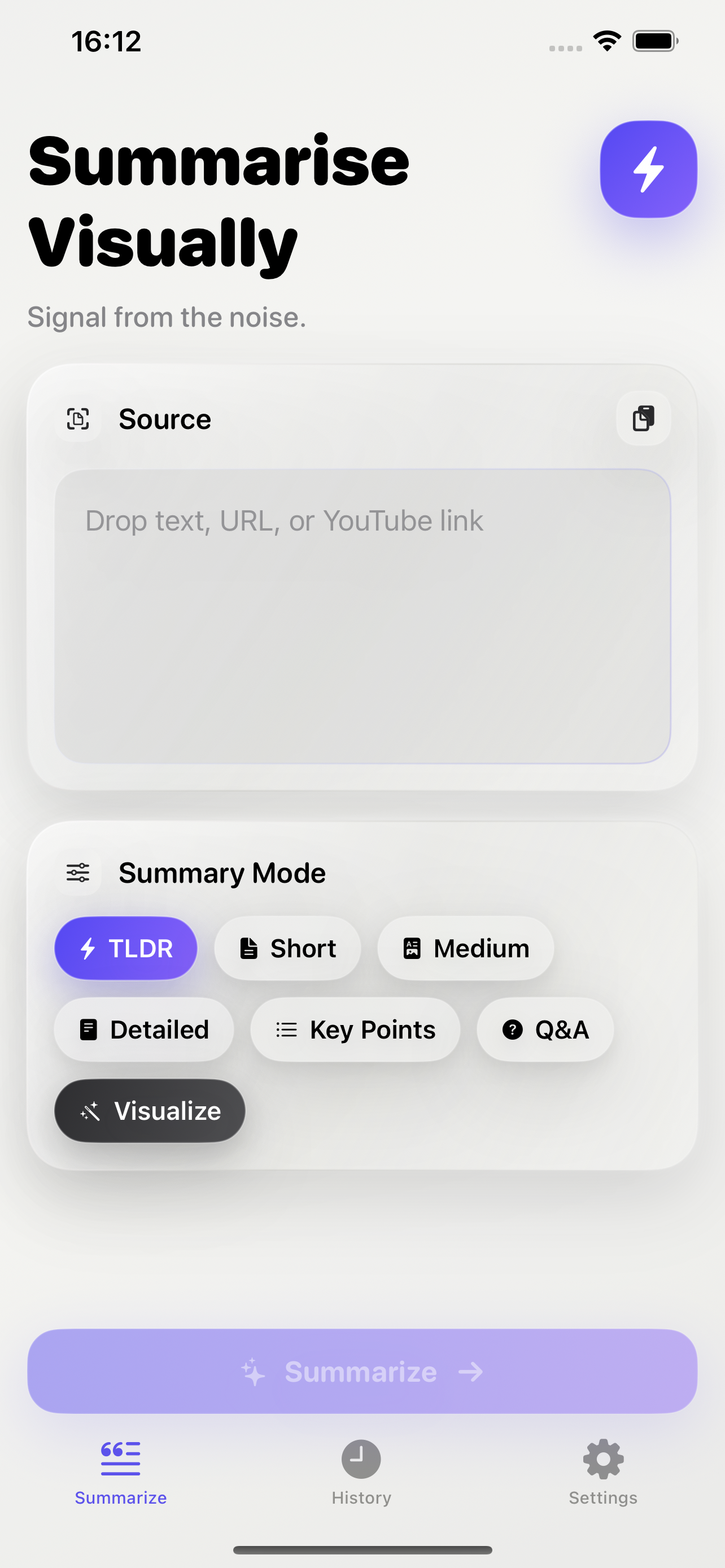 Summarise Visually source field prompting for text, a URL, or a YouTube link