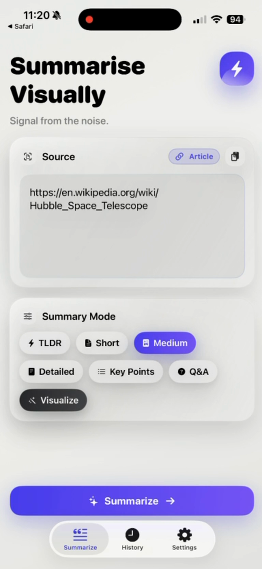 Summarise Visually source screen with an Article label, public URL, and Medium mode selected